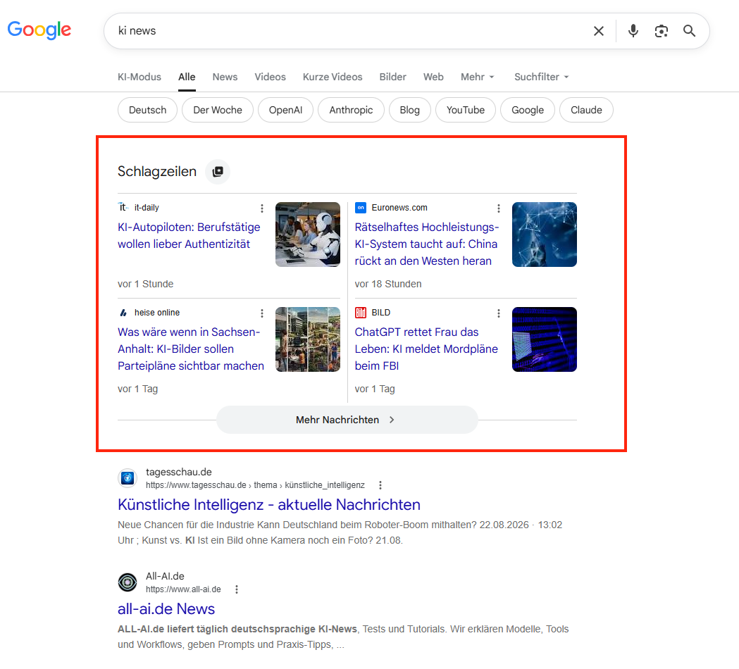 Google-Suchergebnisseite für 'ki news' mit News-Schlagzeilen-Bereich, der aktuelle Artikel zu künstlicher Intelligenz von verschiedenen Nachrichtenquellen anzeigt.