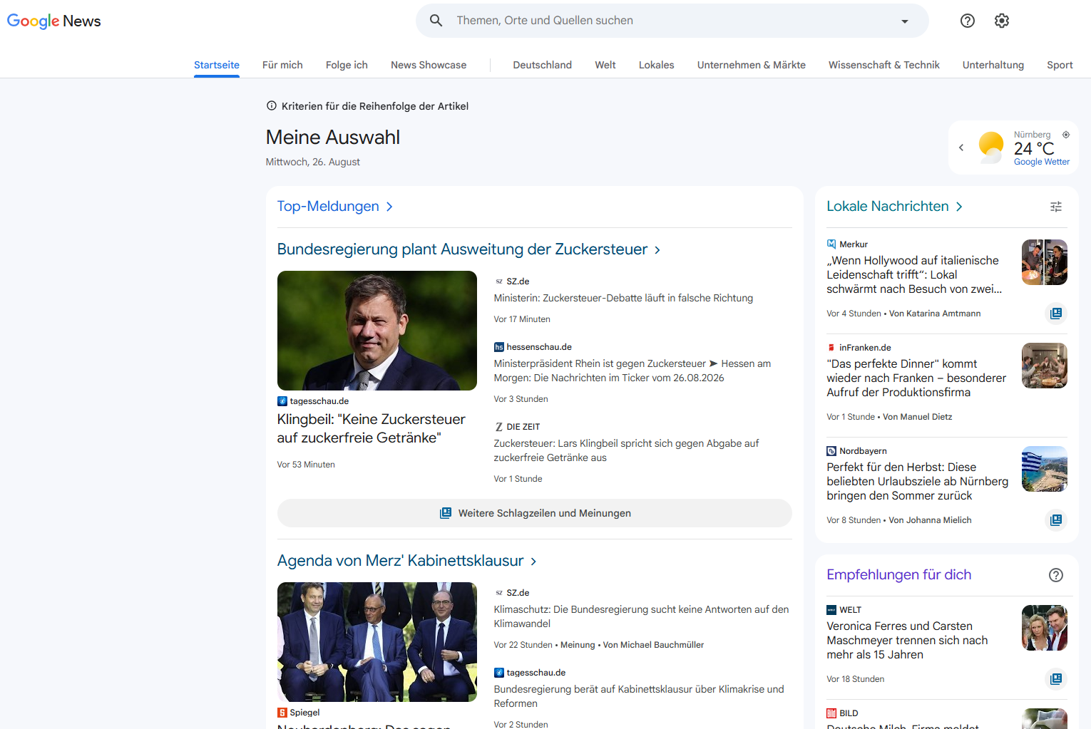 Screenshot der Google News Startseite in deutscher Sprache mit Top-Meldungen, lokalen Nachrichten und verschiedenen Nachrichtenkategorien.