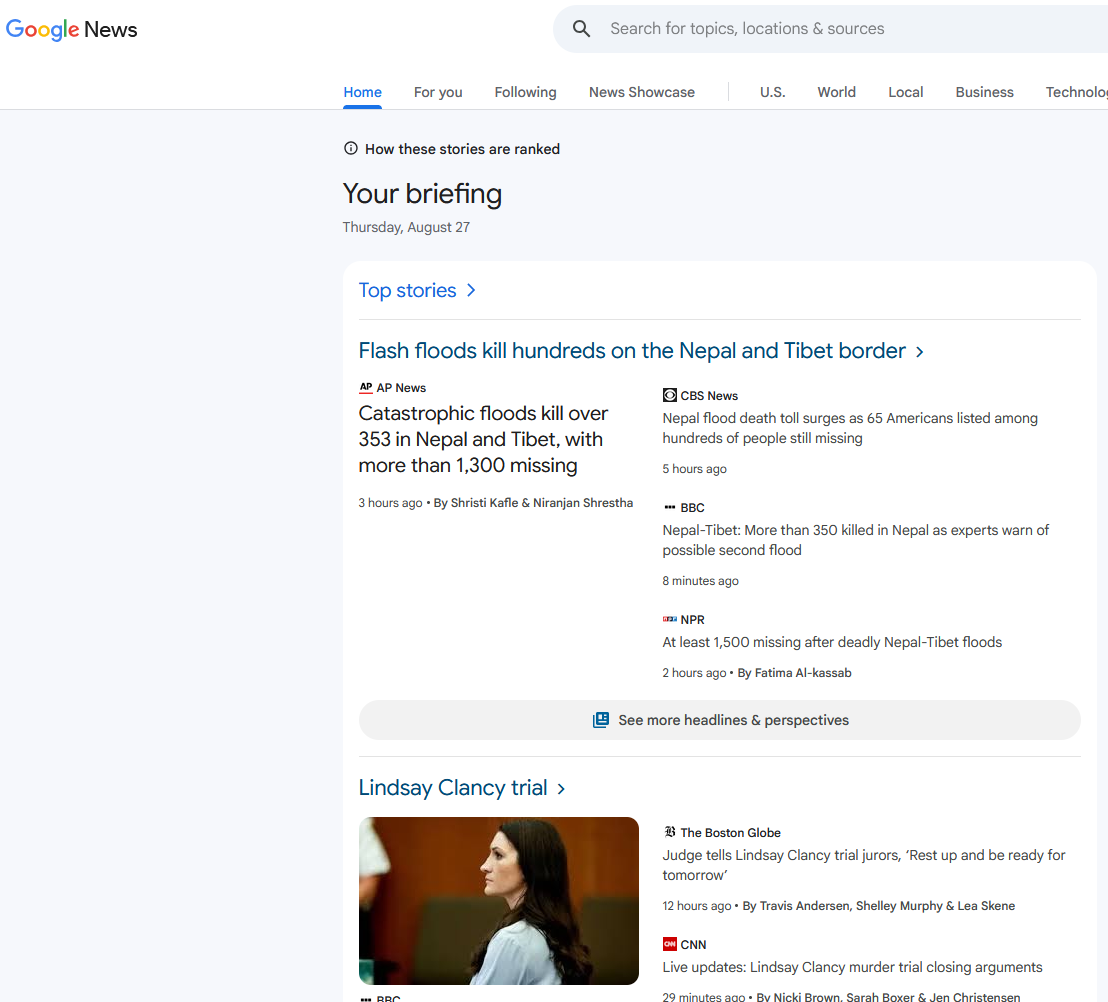 Google News homepage in English with the Top stories section and category navigation.