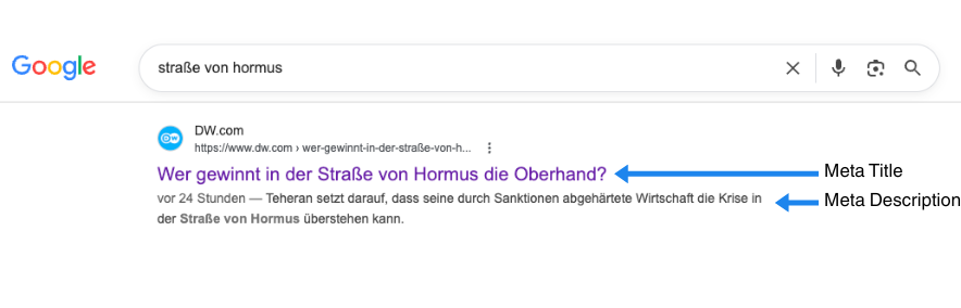 Google-Suchergebnis mit markierten Meta Title und Meta Description eines DW.com-Artikels über die Straße von Hormus.
