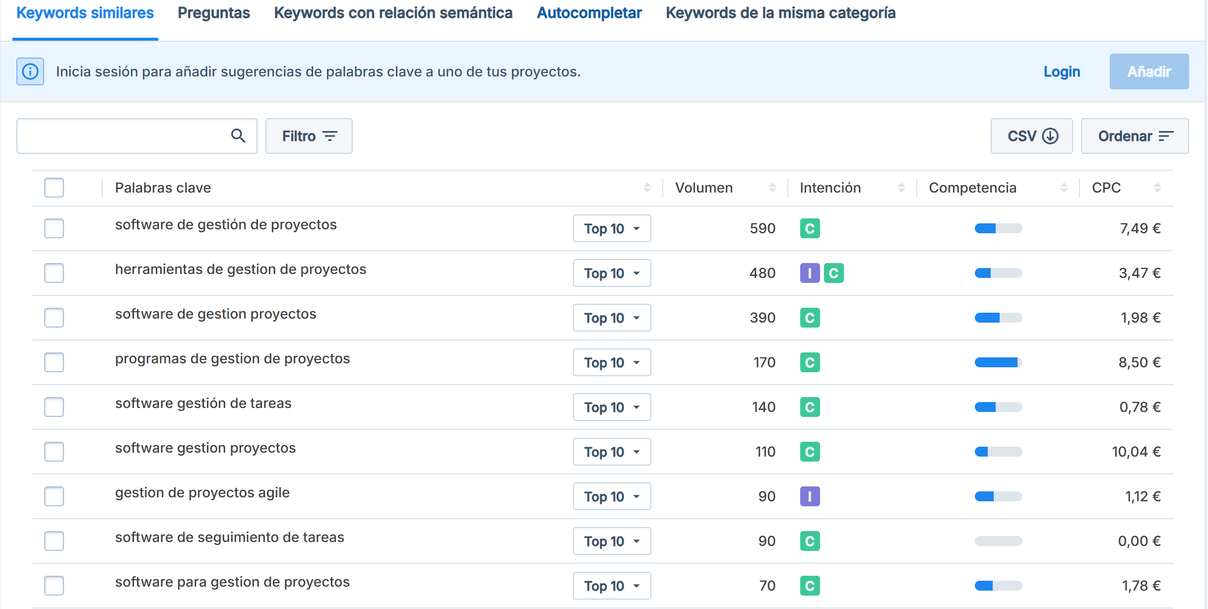 resultados del Buscador de Palabras Clave de Seobility