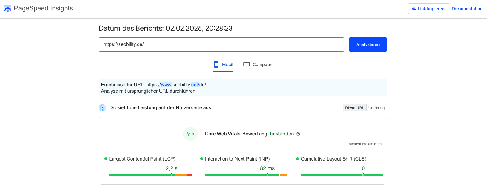PageSpeed Insights Analyseergebnis für seobility.de zeigt Core Web Vitals Metriken auf Mobilgeräten: LCP 2,2s, INP 82ms und CLS 0.