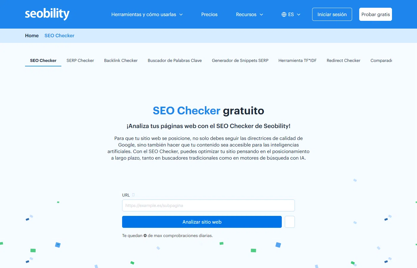 Landing page del SEO Checker de Seobility, con un campo para introducir la URL de una web y un botón para analizarla.