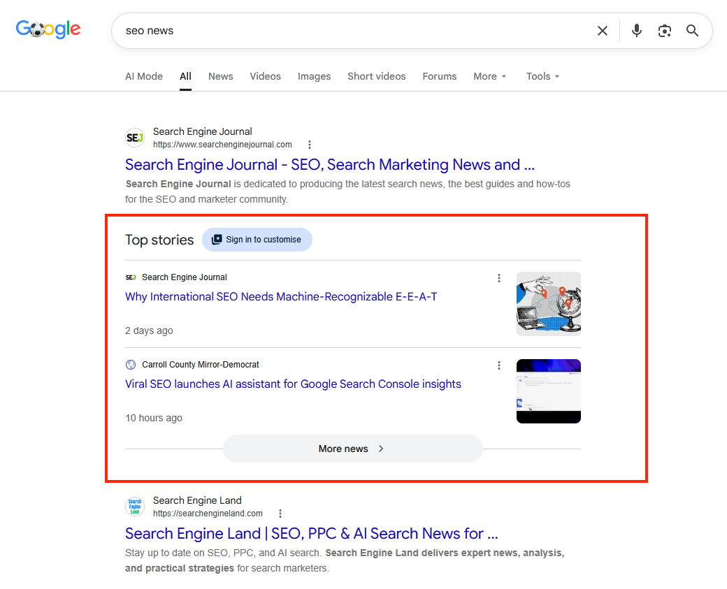 Google search results for 'ai news' with a Top stories block of current SEO headlines from various news sources.