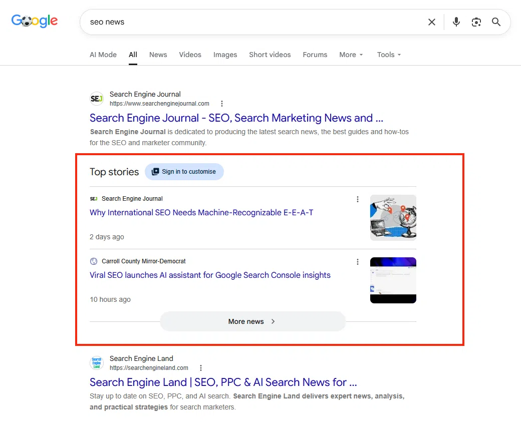 Resultados de búsqueda de Google con un bloque de Noticias destacadas con titulares actuales de distintos medios.