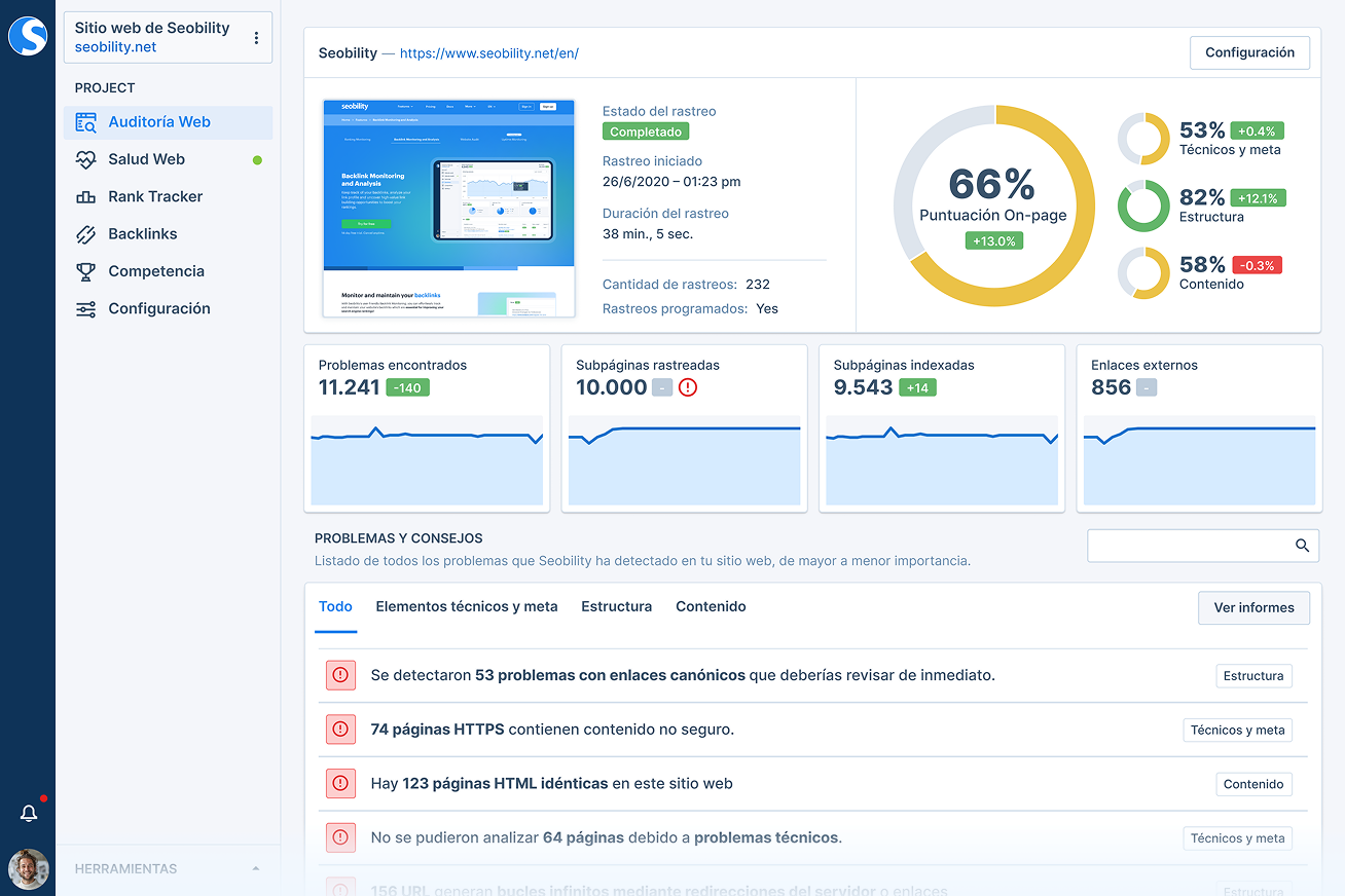 Panel de la Auditoría Web de Seobility con una puntuación on-page del 66%, el estado del rastreo, los problemas detectados y la sección de problemas y consejos con los fallos SEO por corregir.