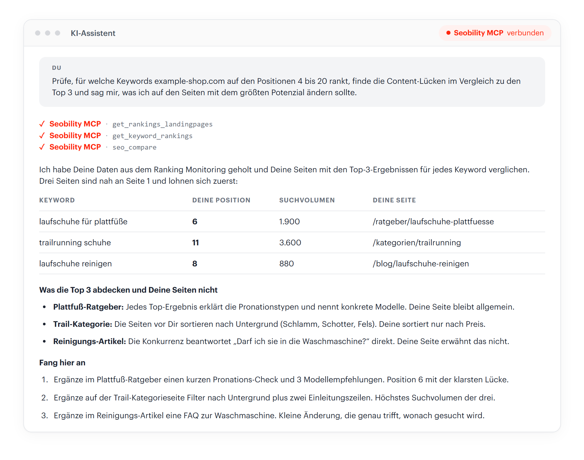 KI-Assistent, der drei Seobility-MCP-Aufrufe zu einer Keyword-Tabelle, Content-Lücken und einer To-do-Liste verkettet