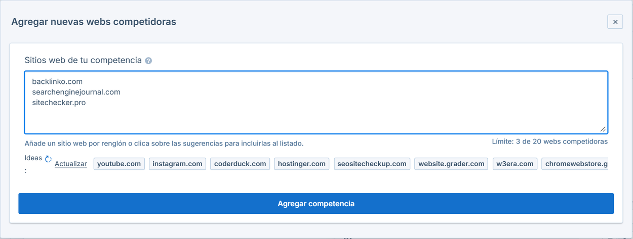 Añadir sitios de la competencia en Seobility