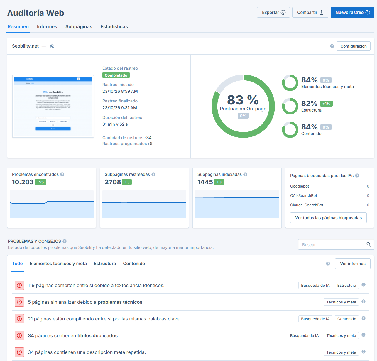 Resumen de la Auditoría Web de Seobility con la puntuación on-page y los problemas encontrados