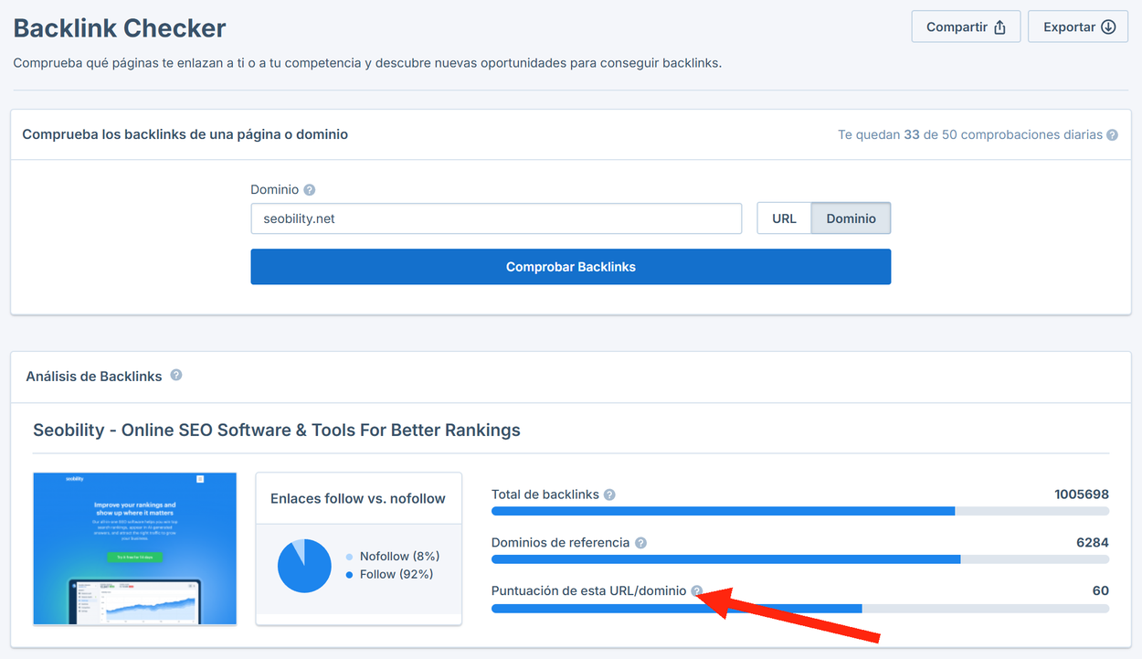 puntuación de dominio de seobility.net en el Backlink Checker