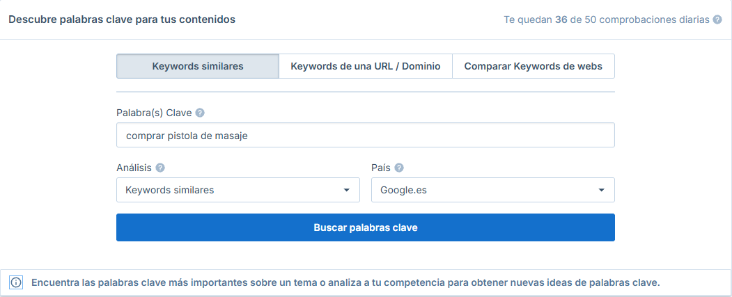 Buscador de Palabras Clave de Seobility con la palabra clave «comprar pistola de masaje»