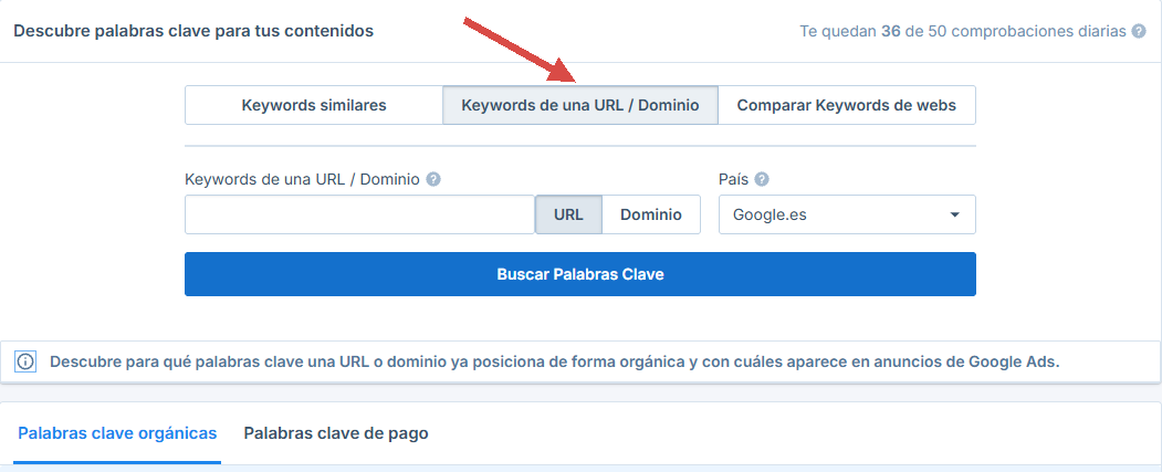 Pestaña «Keywords de una URL / Dominio» del Buscador de Palabras Clave