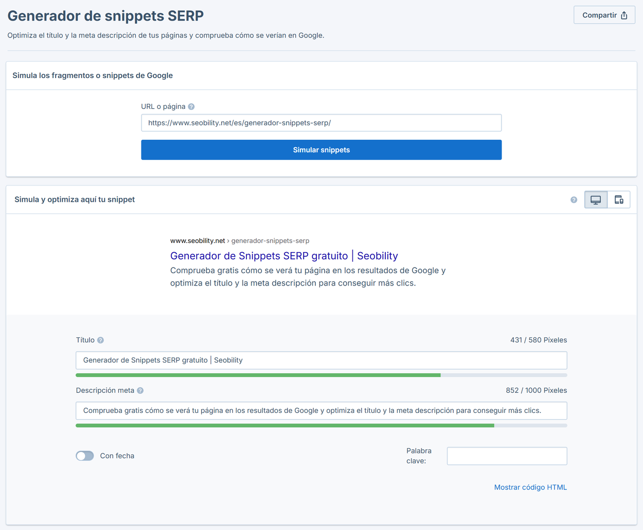 Generador de Snippets SERP de Seobility