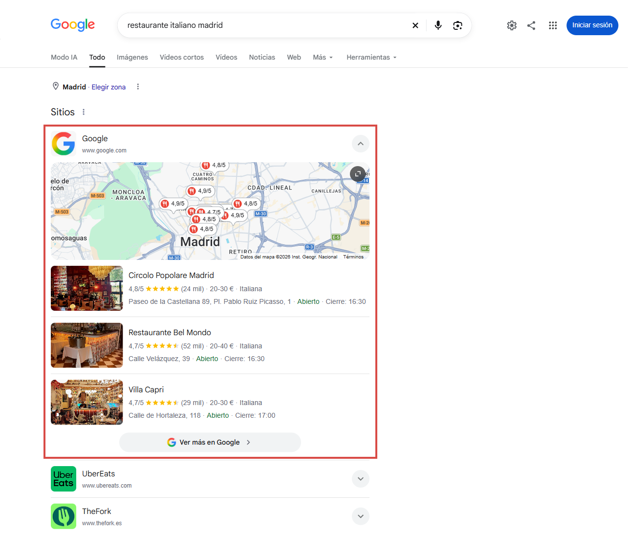 Local Pack de Google con restaurantes italianos en Madrid