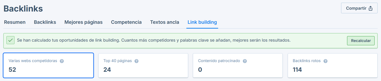 Calcular oportunidades de link building en Seobility