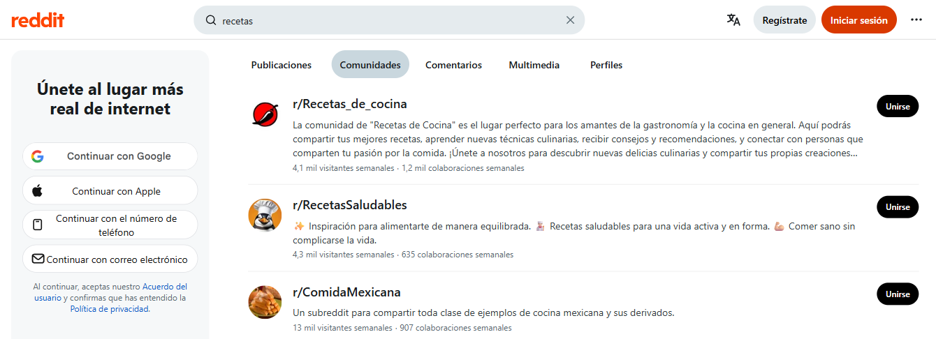 Comunidades de Reddit en español sobre recetas